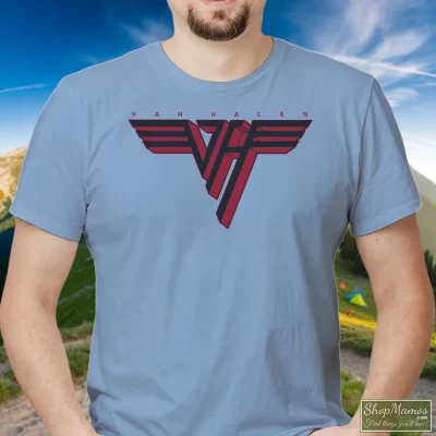 Men's Van Halen Red Logo T Shirt In Light Blue, Front View On Dark Wood Background