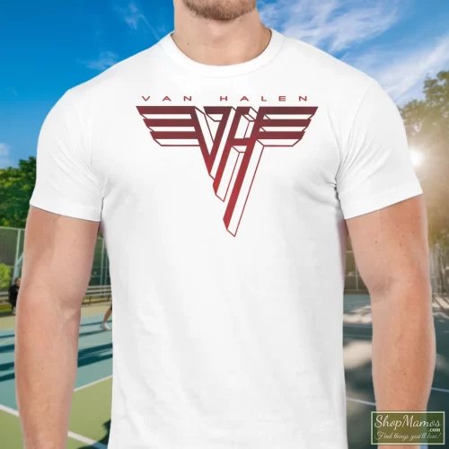 Van Halen Red White Logo Men’s T Shirt – White Front View On Dark Wood Background Men's Van Halen Red White Logo T Shirt In White, Front View On Dark Wood Background
