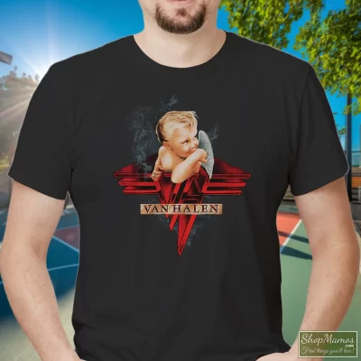 Men's Van Halen Smoking T Shirt In Black, Front View On Light Wood Background