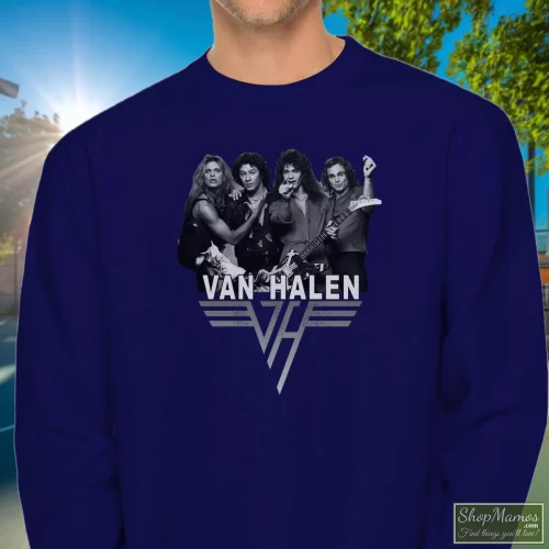 Van Halen Women And Children Men’s Sweatshirt – Navy Front View On Light Wood Background Men's Van Halen Women And Children Sweatshirt In Navy, Front View On Light Wood Background