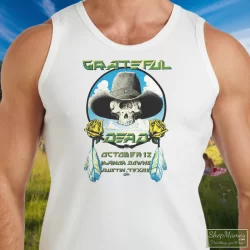 Men's Vintage 1977 Grateful Dead Manor Downs Concert Tank Top In White, Front View On Dark Wood Background