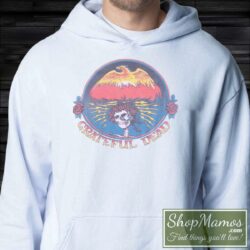 Men's Vintage 1979 Grateful Dead Happy New Year 1980 Hoodie in White, front view on dark wood background