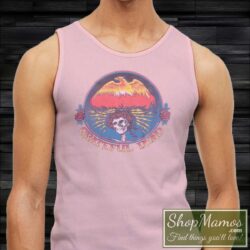 Men's Vintage 1979 Grateful Dead Happy New Year 1980 Tank Top in Light Pink, front view on dark wood background