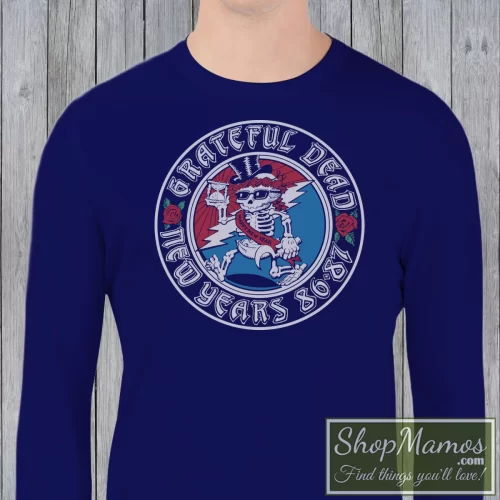Men's Vintage 1986 Grateful Dead Happy New Year Eve Rick Griffin Sweatshirt In Navy, Front View On Light Wood Background