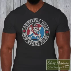 Men's Vintage 1986 Grateful Dead Happy New Year Eve Rick Griffin V Neck In Black, Front View On Light Wood Background