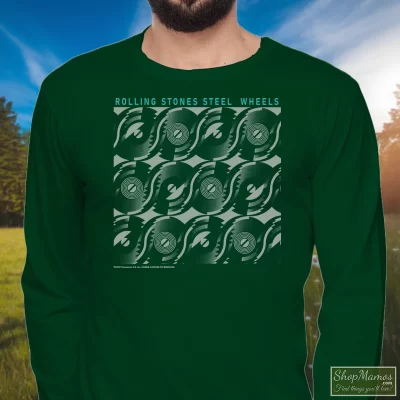 Men's Vintage 1989 ROLLING STONES Steel Wheels Tour Long Sleeve In Forest Green, Front View On Light Wood Background