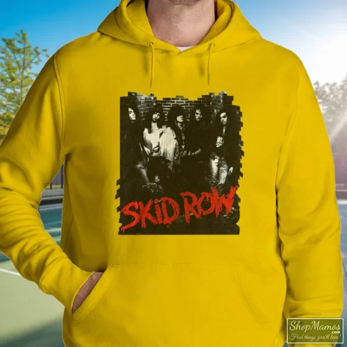 Vintage 1989 Skid Row Classic Men’s Hoodie – Yellow Front View On Dark Wood Background Men's Vintage 1989 Skid Row Classic Hoodie In Yellow, Front View On Dark Wood Background