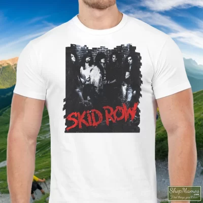 Men's Vintage 1989 Skid Row Classic T Shirt In White, Front View On Dark Wood Background