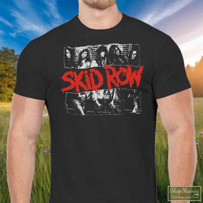 Men's Vintage 1989 Skid Row T Shirt In Black, Front View On Light Wood Background