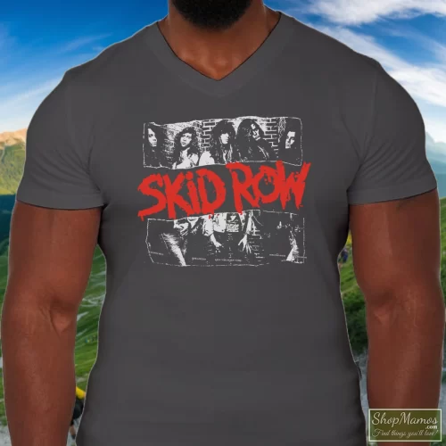 Vintage 1989 Skid Row Men’s V Neck – Charcoal Front View On Dark Wood Background Men's Vintage 1989 Skid Row V Neck In Charcoal, Front View On Dark Wood Background