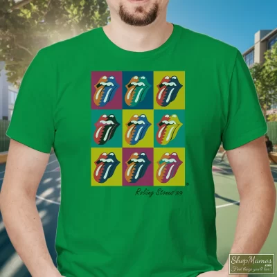 Men's Vintage 1989 The Rolling Stones North American Steel Wheels Tour Light T Shirt In Irish Green, Front View On Light Wood Background
