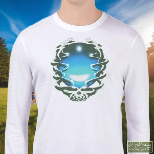 Vintage 1994 Grateful Dead Dark Green Skull Men’s Sweatshirt – White Front View On Dark Wood Background Men's Vintage 1994 Grateful Dead Dark Green Skull Sweatshirt In White, Front View On Dark Wood Background