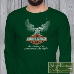 Men's Vintage 90s Grateful Dead Harley Davidson Biker Music T Shirt Rare Long Sleeve in Forest Green, front view on light wood background