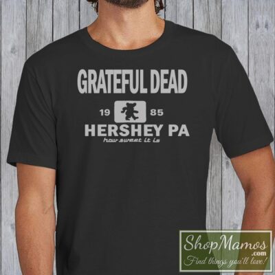 Men's Vintage Grateful Dead 1985 Hershey PA How Sweet It Is T Shirt in Black, front view on light wood background