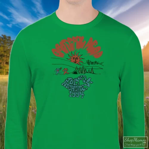 Vintage Grateful Dead 1994 Highgate Vermont Rare Men’s Sweatshirt – Irish Green Front View On Light Wood Background Men's Vintage Grateful Dead 1994 Highgate Vermont Rare Sweatshirt In Irish Green, Front View On Light Wood Background