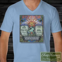 Men's Vintage Grateful Dead 1997 Furthur Festival V Neck In Light Blue, Front View On Dark Wood Background