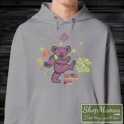 Men's Vintage Grateful Dead Dancing Bear 2009 Hoodie in Sport Grey, front view on dark wood background