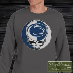 Men's Vintage Penn State Nittany Lions Grateful Dead Steal Your Face Sweatshirt In Charcoal, Front View On Dark Wood Background