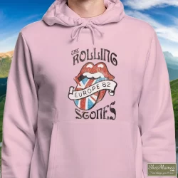 Vintage Rolling Stones Europe 82 Shirt 11 Men's Vintage Rolling Stones Europe 82 Hoodie In Light Pink, Front View On Dark Wood Background