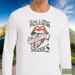 Vintage Rolling Stones Europe 82 Shirt 2 Men's Vintage Rolling Stones Europe 82 Long Sleeve In White, Front View On Dark Wood Background