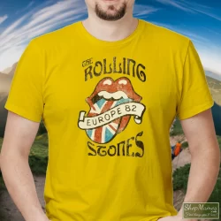 Vintage Rolling Stones Europe 82 Shirt 6 Men's Vintage Rolling Stones Europe 82 T Shirt In Yellow, Front View On Dark Wood Background