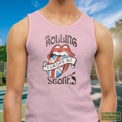 Vintage Rolling Stones Europe 82 Shirt 7 Men's Vintage Rolling Stones Europe 82 Tank Top In Light Pink, Front View On Dark Wood Background