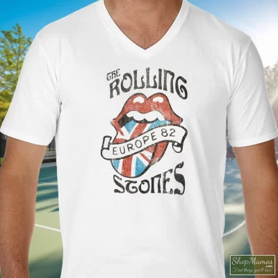 Men's Vintage Rolling Stones Europe 82 V Neck In White, Front View On Dark Wood Background