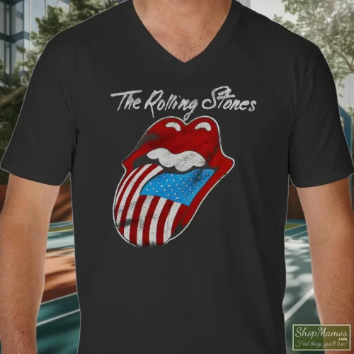 Vintage Rolling Stones Tongue 1981 Tour Men’s V Neck – Black Front View On Light Wood Background Men's Vintage Rolling Stones Tongue 1981 Tour V Neck In Black, Front View On Light Wood Background