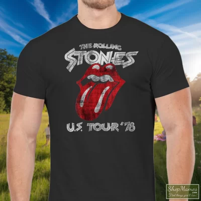 Men's Vintage Rolling Stones Us 78 Tour T Shirt In Black, Front View On Light Wood Background