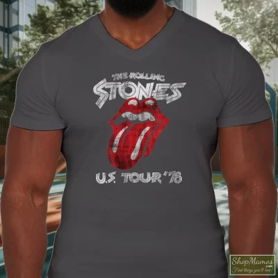 Men's Vintage Rolling Stones Us 78 Tour V Neck In Charcoal, Front View On Dark Wood Background