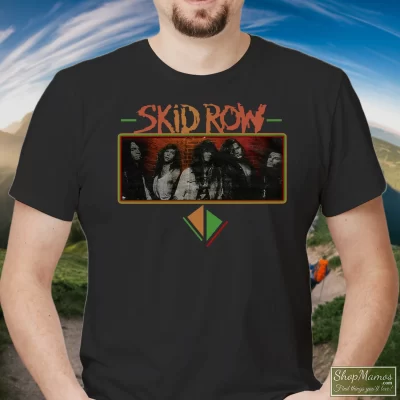 Men's Vintage Skid Row T Shirt In Black, Front View On Light Wood Background