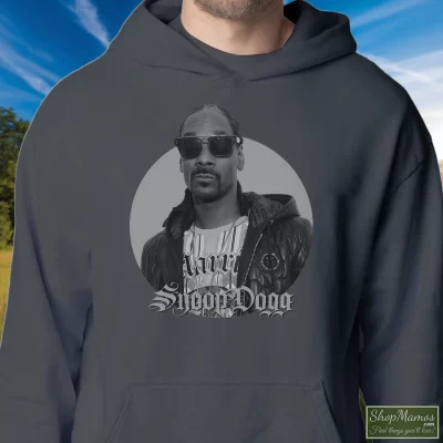 Men's Vintage Snoop Dogg Hoodie In Charcoal, Front View On Dark Wood Background
