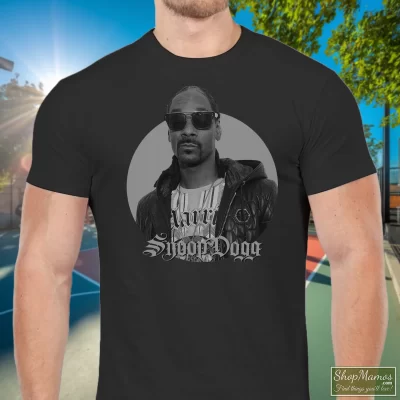 Men's Vintage Snoop Dogg T Shirt In Black, Front View On Light Wood Background