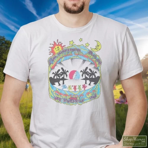 Vintage Summer 1993 Grateful Dead Tour Classic Rock Merch Men’s T Shirt – White Front View On Dark Wood Background Men's Vintage Summer 1993 Grateful Dead Tour Classic Rock Merch T Shirt In White, Front View On Dark Wood Background