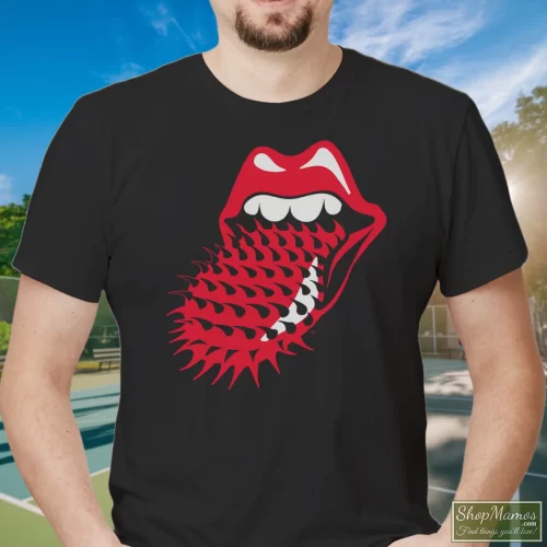 Voodoo Lounge Spiked Tongue Rolling Stones Concert Men’s T Shirt – Black Front View On Light Wood Background Men's Voodoo Lounge Spiked Tongue Rolling Stones Concert T Shirt In Black, Front View On Light Wood Background