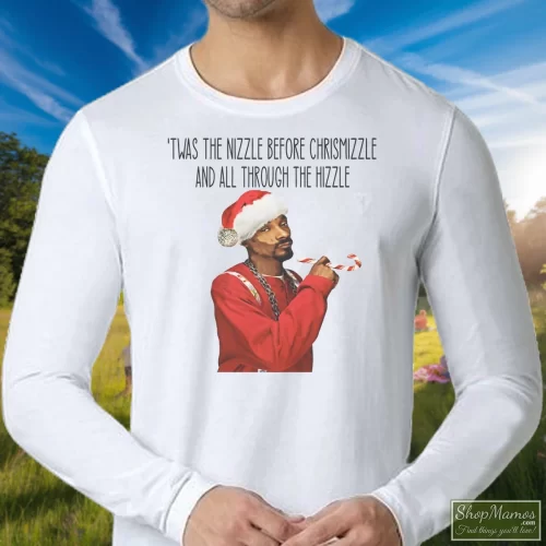 Twas The Nizzle Before Chrismizzle All Through The Hizzle Snoop Dogg Christmas For Holiday Fans Men’s Long Sleeve – White Front View On Dark Wood Background Men's Twas The Nizzle Before Chrismizzle All Through The Hizzle Snoop Dogg Christmas For Holiday Fans Long Sleeve In White, Front View On Dark Wood Background