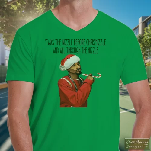 Twas The Nizzle Before Chrismizzle All Through The Hizzle Snoop Dogg Christmas For Holiday Fans Men’s V Neck – Irish Green Front View On Light Wood Background Men's Twas The Nizzle Before Chrismizzle All Through The Hizzle Snoop Dogg Christmas For Holiday Fans V Neck In Irish Green, Front View On Light Wood Background
