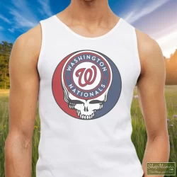 Men's Washington Nationals Baseball Grateful Dead Steal Your Face Tank Top In White, Front View On Dark Wood Background