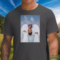 Two Angels Tupac Shakur And Nipsey Hussle Shirt 4 Men's Two Angels Tupac Shakur And Nipsey Hussle T Shirt In Charcoal, Front View On Dark Wood Background