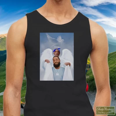 Men's Two Angels Tupac Shakur And Nipsey Hussle Tank Top In Black, Front View On Light Wood Background