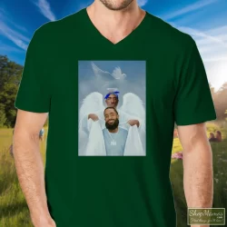 Two Angels Tupac Shakur And Nipsey Hussle Shirt 9 Men's Two Angels Tupac Shakur And Nipsey Hussle V Neck In Forest Green, Front View On Light Wood Background