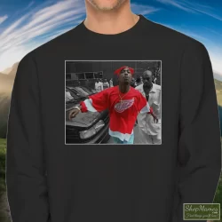 World Star Hiphop Tupac Shakur 2pac Detroit Spitting Hip Hop Rap Shirt 10 Men's World Star Hiphop Tupac Shakur 2pac Detroit Spitting Hip Hop Rap Sweatshirt In Black, Front View On Light Wood Background
