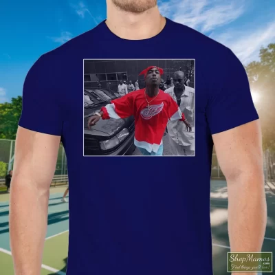 Men's World Star Hiphop Tupac Shakur 2pac Detroit Spitting Hip Hop Rap T Shirt In Navy, Front View On Light Wood Background