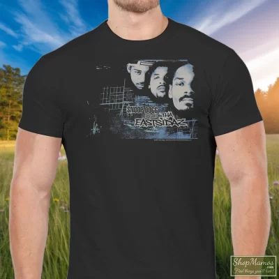Men's Y2k Snoop Dogg The Eastsidaz T Shirt In Black, Front View On Light Wood Background