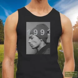 Young Snoop Dogg 1993 Shirt 5 Men's Young Snoop Dogg 1993 Tank Top In Black, Front View On Light Wood Background
