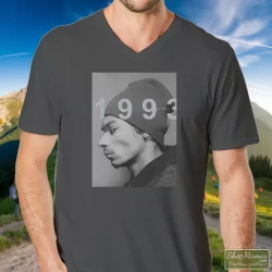 Young Snoop Dogg 1993 Shirt 3 Men's Young Snoop Dogg 1993 V Neck In Charcoal, Front View On Dark Wood Background