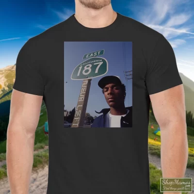 Men's Young Snoop Dogg California 187 T Shirt In Black, Front View On Light Wood Background