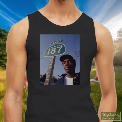 Men's Young Snoop Dogg California 187 Tank Top In Black, Front View On Light Wood Background