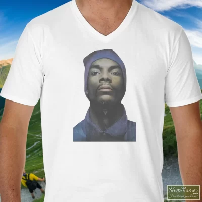 Men's Young Snoop Dogg Vintage Hip Hop V Neck In White, Front View On Dark Wood Background
