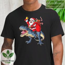 Santa Riding Dinosaur Christmas Shirt Men Short Sleeve